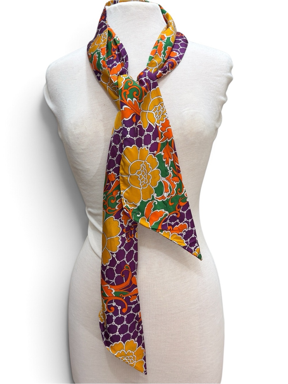 Vintage 60/70s Floral Long Narrow Scarf Purple Gold Green Mod Boho Necktie Scarf